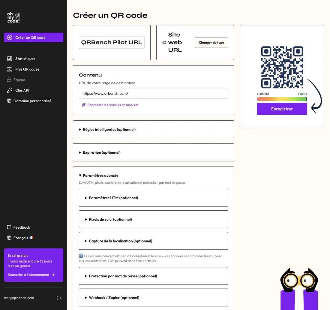 Éditeur d’URL Oh My Code avec le modèle Marine lors du test avec compte