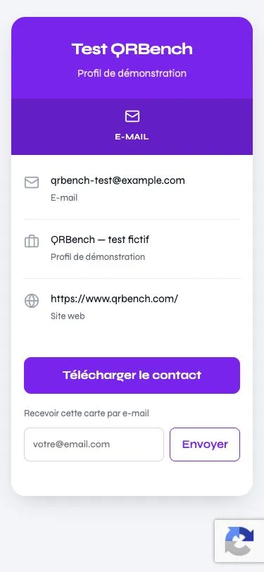 vCard publique de test avec coordonnées fictives dans une fenêtre de 375 px