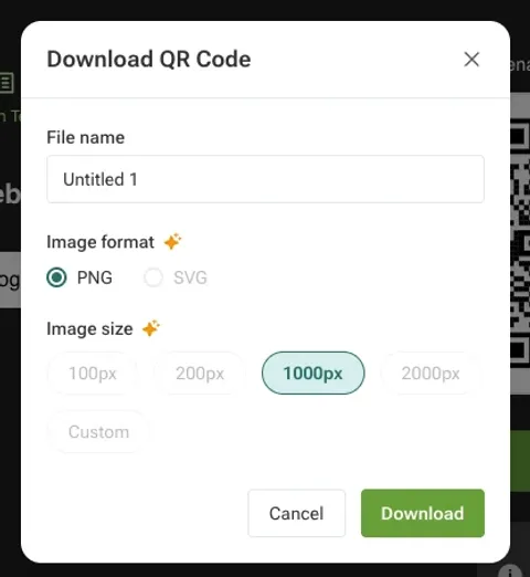 The Download QR Code modal of the-qrcode-generator.com on September 4, 2026: file name Untitled 1, image format PNG selected with SVG greyed out, image size 1000px selected with 100px, 200px, 2000px and Custom greyed out, premium stars next to both headings