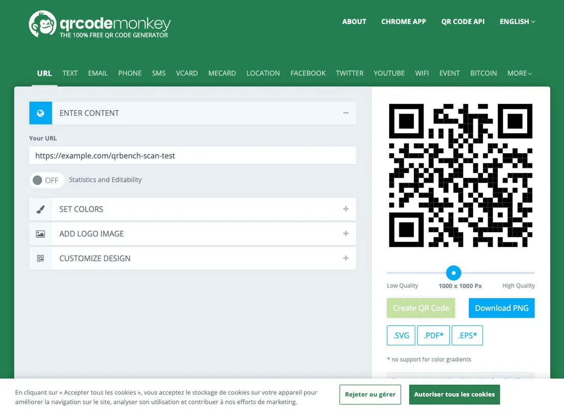 QR Code Monkey's generator on August 7, 2026, with our test URL entered, the rendered code preview, and download buttons for PNG, SVG, PDF and EPS