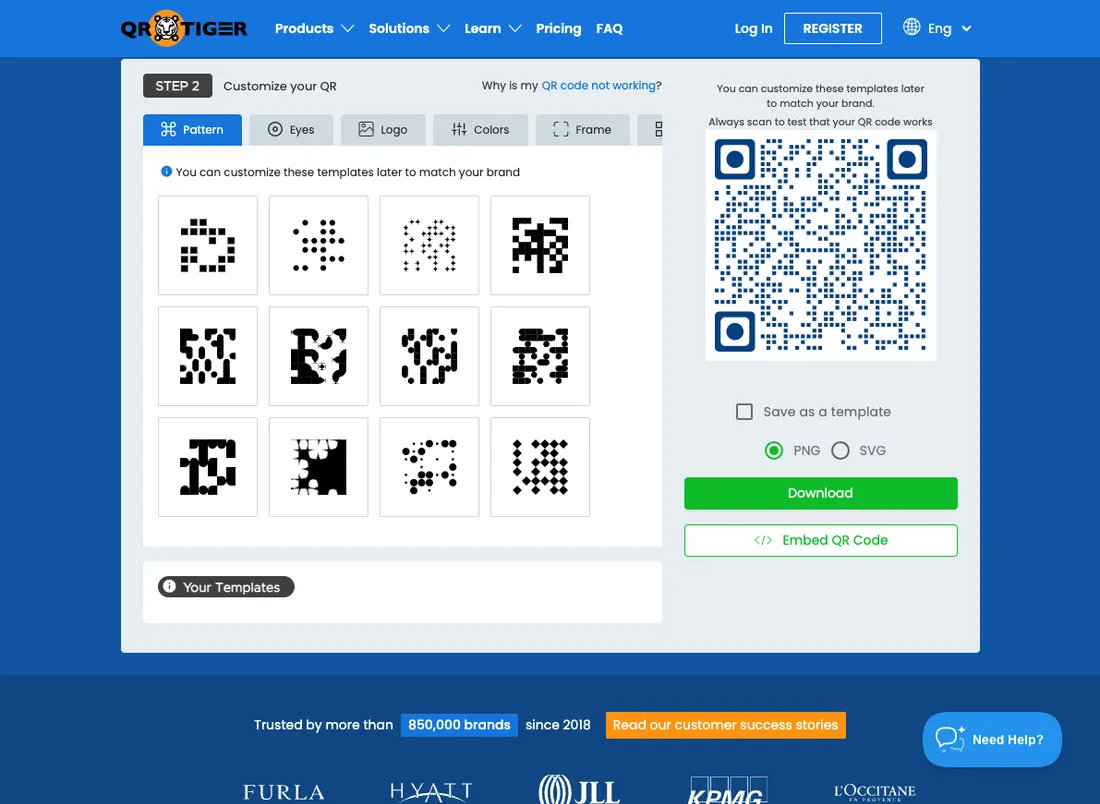 QR Tiger's generator on August 7, 2026: the customize step with pattern templates, the rendered code preview, and the Download button of the free flow