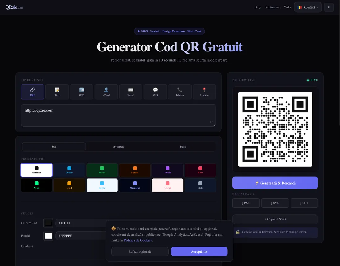 QRzie's generator on August 11, 2026: content type tabs, a live preview of the code, PNG, SVG and PDF download buttons, and the on-page claim that generation is local with zero data sent to the server