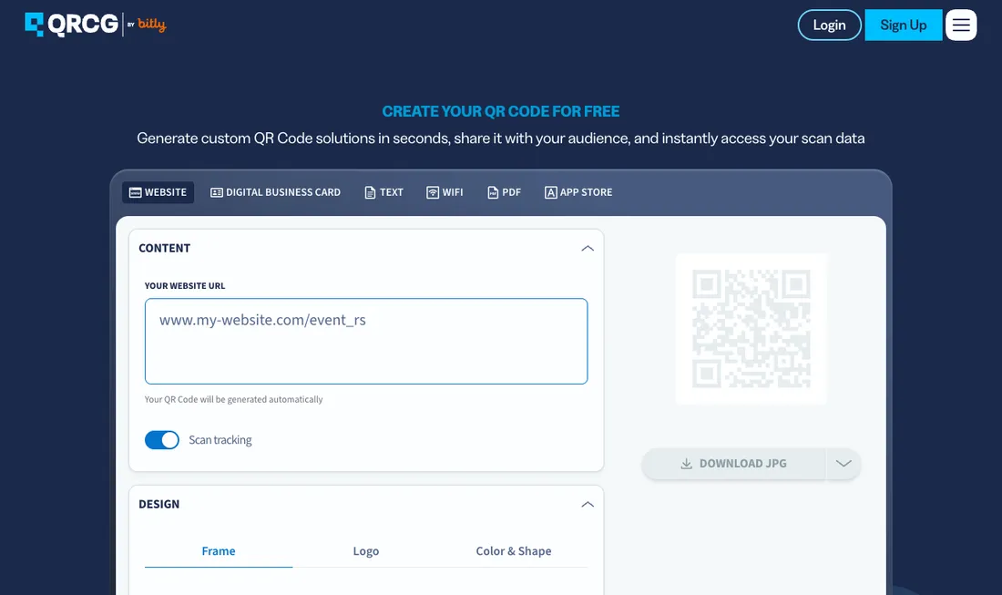 qr-code-generator.com homepage on August 11, 2026: the headline reads CREATE YOUR QR CODE FOR FREE above a generator with a scan tracking toggle and a download button
