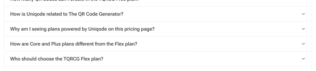 The pricing FAQ of the-qrcode-generator.com on September 4, 2026, with two questions expanded: 'How is Uniqode related to The QR Code Generator?' answered 'Uniqode is the parent company of The QR Code Generator', and 'Why am I seeing plans powered by Uniqode on this pricing page?'