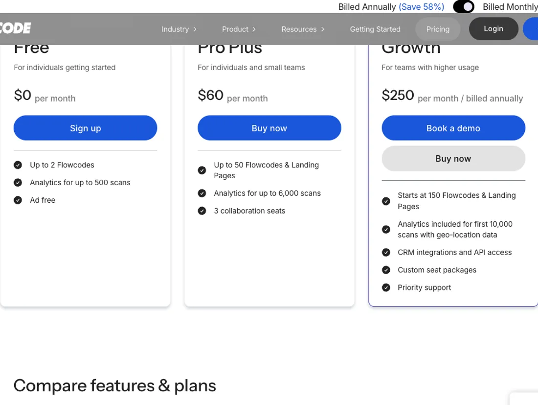 Flowcode's individual pricing tiers on August 11, 2026, in the Billed Monthly view: Free at $0, Pro Plus at $60 per month, and Growth at $250 per month billed annually