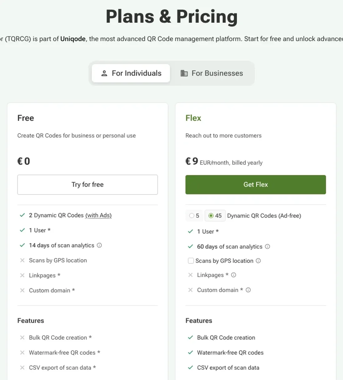 The pricing page of the-qrcode-generator.com on September 4, 2026, For Individuals tab: Free at 0 euros with 2 dynamic QR codes (with Ads) and 14 days of scan analytics; Flex at 9 euros a month billed yearly with a 5-or-45 dynamic codes selector set to 45, 60 days of scan analytics, bulk creation, watermark-free codes and CSV export