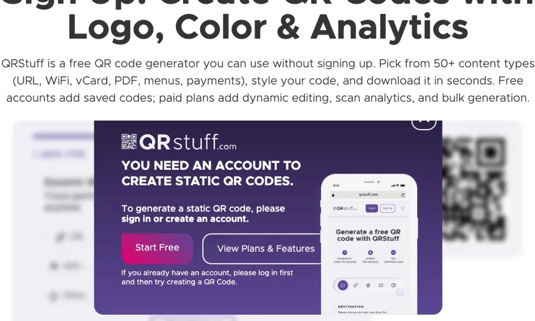QRStuff's generator on August 18, 2026: the page intro says the tool can be used without signing up, while the modal on screen says an account is required to create static QR codes
