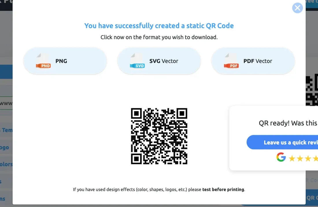 QR Planet's generator on August 28, 2026 after creating a static code: a modal offers PNG, SVG Vector and PDF Vector downloads, with a design sidebar for templates, logo, colors, frames and patterns visible behind it